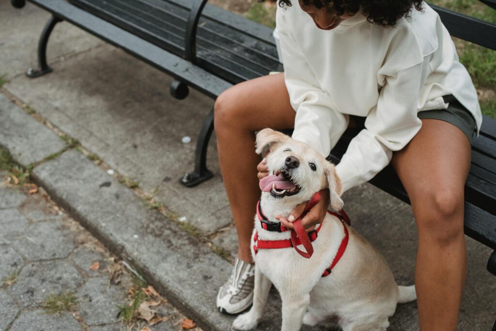 Mujer con su perro usando accesorios ecológicos de hemp